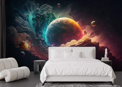 Planets in space. Fantasy galaxy generative AI background Wall mural