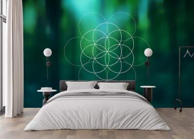 Vector blurred background of forest and trees and symbol Flower of Life Wall mural