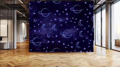 Vector cosmic illustration. Doodle planets and stars on watercolor galaxy background Wall mural