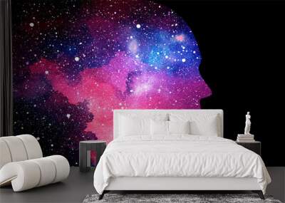 Vector illustration of human head on starry space background. Artificial intelligence or cosmic consciousness concept Wall mural