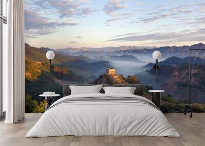 Great Wall, fog, and mountains at sunset in China Wall mural