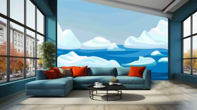 Cartoon arctic iceberg with blue sea, winter landscape. Scene game concept Arctic Ocean and snow mountains. Vector nature background illustration Wall mural