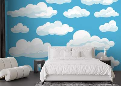 cartoon white clouds icon set isolated on blue background. cloudscape in flat style. blue sky cloud  Wall mural