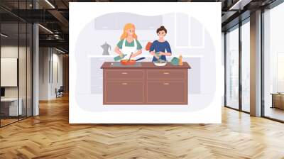 Couple girlfriends cooking on kitchen table. Two girls meal preparation for dining together. Vector cartoon female characters cooking Wall mural