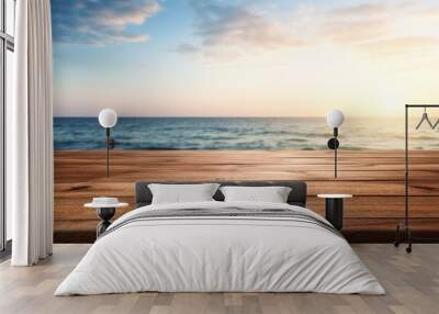 Wooden deck table top on blur sea background can be used for display or montage your products Wall mural