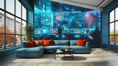 A futuristic control room with multiple large screens displaying data and information, two people work on a mission with advanced technology. Wall mural