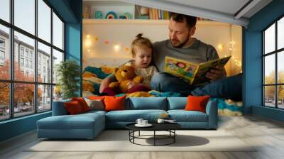 Dad reading a bedtime story to his daughter Wall mural