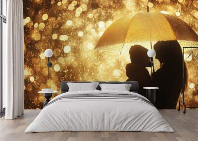 Silhouette of Mother and Child Under Umbrella Wall mural