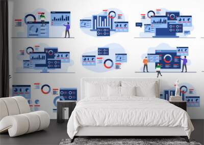  Set of flat illustrations of data charts, graphs, and dashboard, SEO marketing advertising analytics, Marketing analytics, Market research, Business Analysis, Financial reports and research  Wall mural