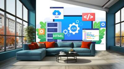 Application Programming Interface concept, API provides the interface for communication between applications, Software development tool, Internet and networking, simplifying application integration  Wall mural