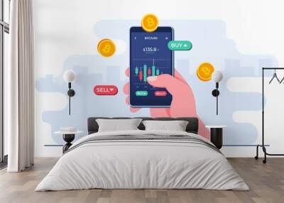 Hand-holding mobile phone with financial app on screen to buy or sell shares of stock market, Profit from currency exchange services, Bitcoin, Investment concept, Cryptocurrency trading strategy Wall mural