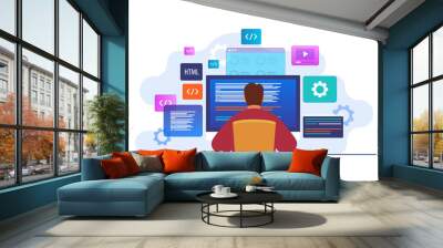 Man working as programmer, Writing code using laptop, Website developer, Coding software on computer screen flat illustration vector template Wall mural