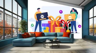 People shopping online and receive rewards and gift boxes, Loyalty program marketing strategy, Loyalty card, Discount and bonuses, Earn reward points concept flat illustration vector template Wall mural