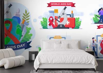 Set of flat illustrations of  World AIDS Day concepts, Medical doctors with an HIV test tube are researching AIDS, Red Ribbon to raise awareness of the AIDS epidemic  Wall mural