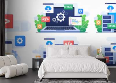 Set of modern flat illustrations of  application Programming Interface concept, API provides the interface for communication between applications, Software development tool, Internet and networking Wall mural