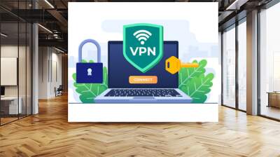 Virtual private network flat illustration, Secure web traffic, Encrypted data transfer, VPN access, Digital personal data protection, Remote server, Secure router access, Safety on internet Wall mural