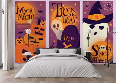 Halloween season celebration fantasy card and  banners collection With cute cartoon halloween characters  design illustration Wall mural