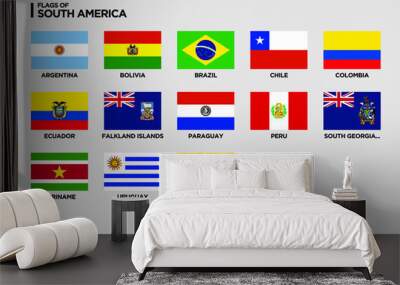 Vector flags of South America with country names. Vector illustration on grey background Wall mural