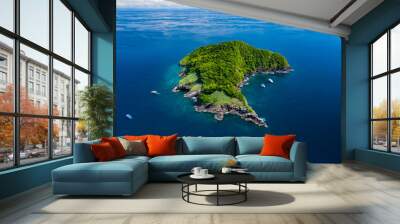 Aerial drone view of a remote, beautiful tropical island surrounded by coral reef (Ko Bon, Thailand) Wall mural