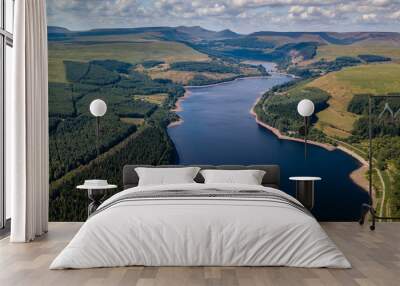 Aerial drone view of low water levels in Pontsticill Reservoir, Brecon Beacons during a summer heatwave Wall mural