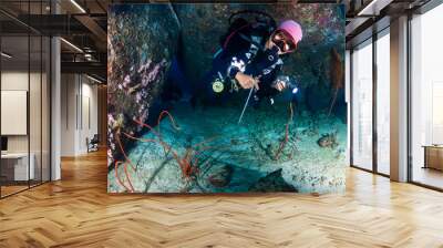 Female SCUBA diver on a tropical coral reef in the Andaman Sea, Asia Wall mural