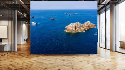 Industrial overfishing - Aerial view of a SCUBA diving boat and a fleet of large fishin trawlers near a small rocky island (Black Rock, Mergui, Myanmar) Wall mural