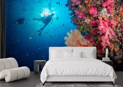 SCUBA diver on a colorful, healthy tropical coral reef Wall mural