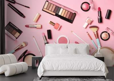  professional makeup tools. Makeup products on a colored background top view. A set of various products for makeup. Wall mural