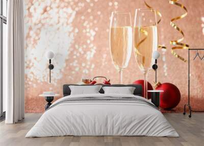 Christmas festive background with champagne in glasses. Place for text. concept holiday, new year, christmas. Wall mural