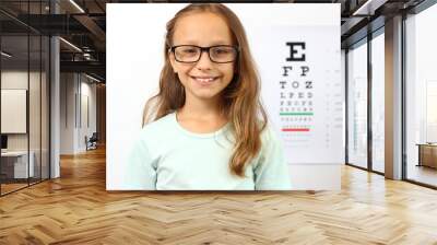 little cute cheerful girl passes an eye test in the office of an ophthalmologist Wall mural