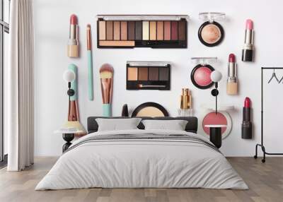 professional makeup tools. Products for makeup on a white background top view. A set of various products for makeup. Wall mural