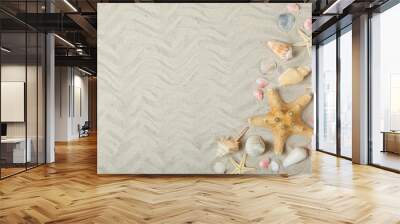 sand, shells and starfish top view with place for text. Travel, sea, vacation concept. Wall mural