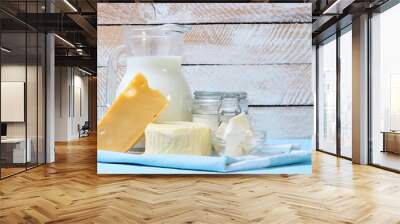 set of dairy products on the table. Wall mural