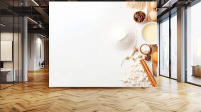 Baking ingredients and tools on white background  Wall mural