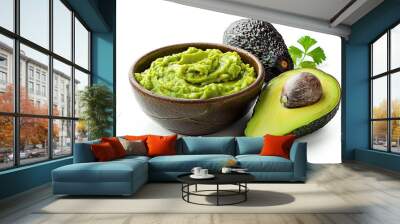 Bowl with guacamole and ripe avocado on white background  Wall mural