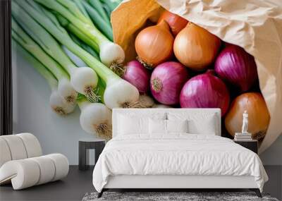 Fresh onions background Red, yellow, and green onions in paper bag on white Food delivery, shopping food supermarket concept Wall mural