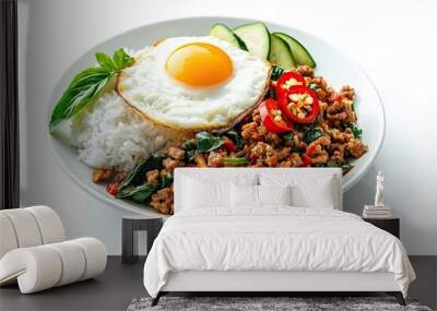 Hearty Pad Krapow: Stir-Fried Minced Pork with Thai Basil, Chilis, and Garlic, Served with Steamed Rice and a Fried Egg isolated on white background  Wall mural