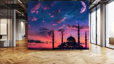 Mosque sunset sky, moon, holy night, islamic night and silhouette mosque, panaromic islamic wallpaper Wall mural