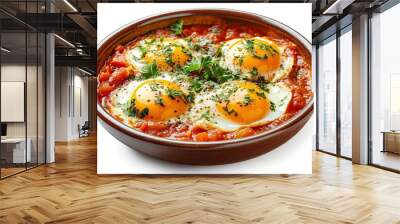 Shakshuka, Eggs in spicy tomato sauce. A North African dish that quite popular in the Middle East isolated on white background  Wall mural