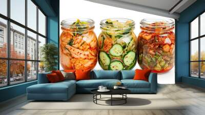 Various kimchi (kimchi cabbage, cucumber and radish) in jar, Korean food Wall mural