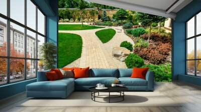 A country house with a beautiful backyard behind the house, landscape design Wall mural