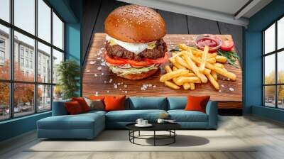 An american burger with fried potatoes Wall mural