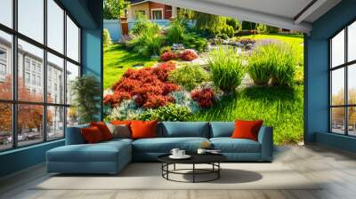 beautiful backyard landscape design. view of colorful trees and decorative trimmed bushes and rocks Wall mural