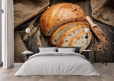 Freshly baked traditional bread on wooden table. Wall mural