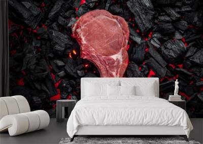 Raw steak on hot barbecue coals Wall mural