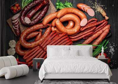 Set of different types of smoked sausages. Wall mural