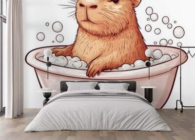 Capybara in a bathtub with bubbles, playful sticker, cartoon style, light colors, isolated on white background Wall mural