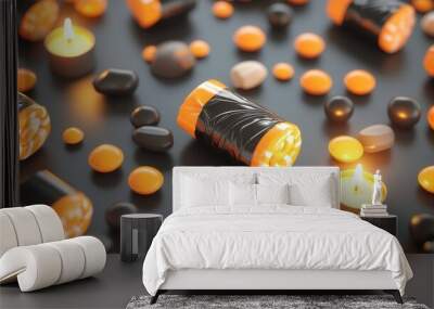 Halloween candy wrapped in black and orange foil, glowing candles nearby, 3D illustration Wall mural