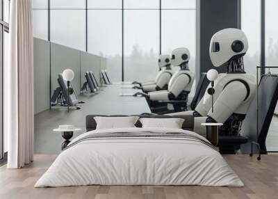 Sleek coworking space with robots assisting remote workers, tech-driven productivity, advanced robotics in the workplace, innovative remote work tech Wall mural