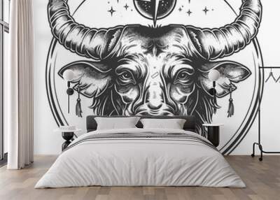 A black and white drawing of a bull with a star in the center. The bull has a large horn and is surrounded by a circle Wall mural